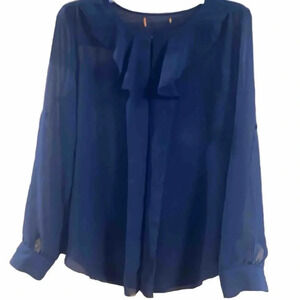 Women's sheer Dark Navy blue top Button Or Tab Sleeve Sz medium Hook Front